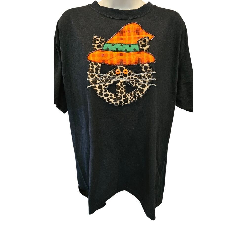 Hanes L applique witch hat cat Halloween themed t shirt teacher work blouse +